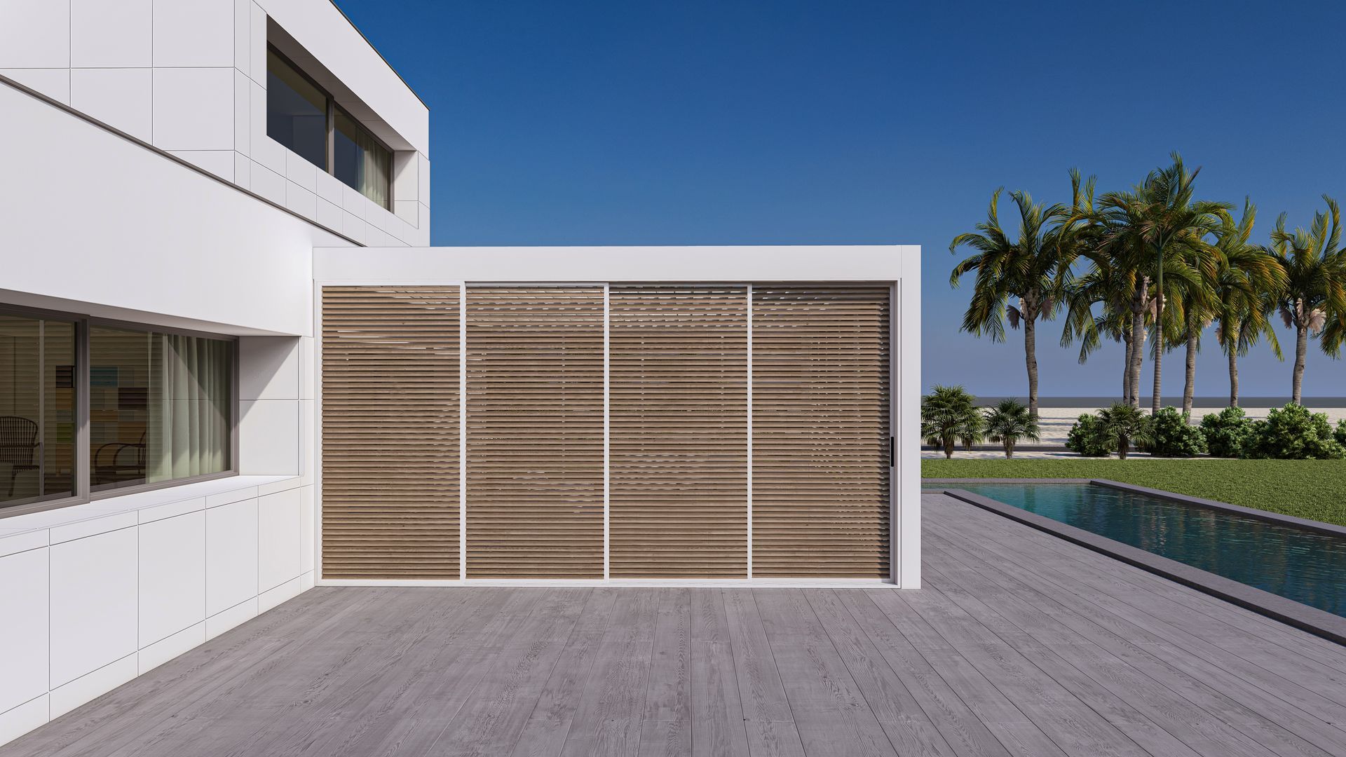 A modern house with a swimming pool and palm trees in the background - Freehold, NJ - Awning Design Inc