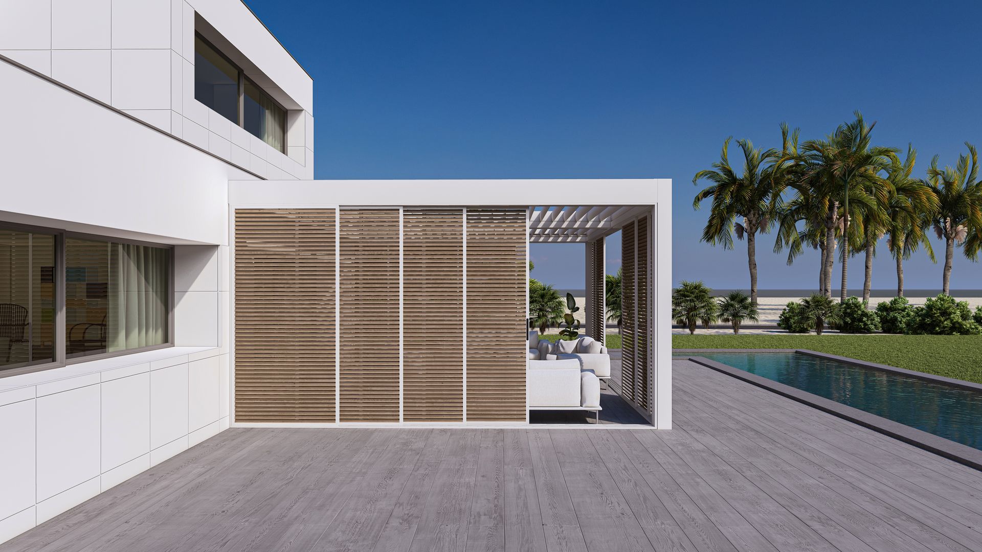 A modern house with a swimming pool and palm trees in the background two - Freehold, NJ - Awning Design Inc