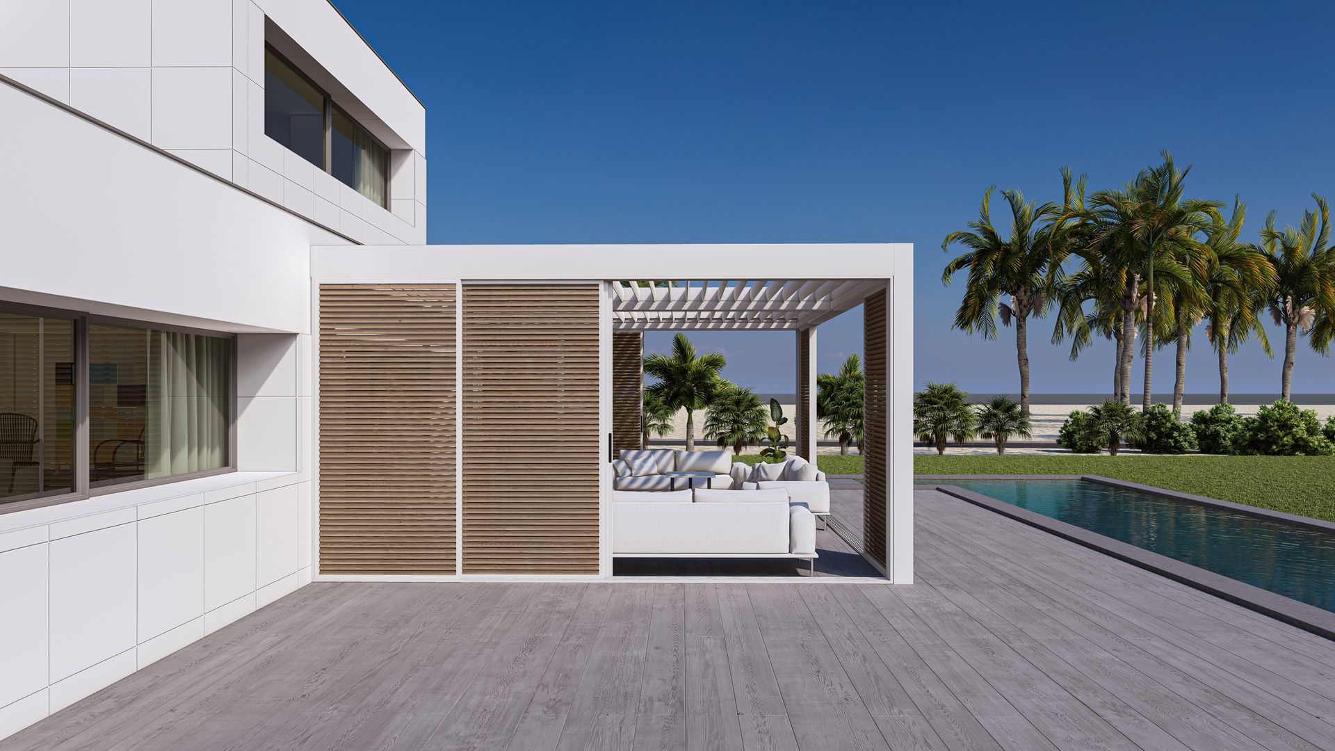 A modern house with a swimming pool and palm trees in the background three - Freehold, NJ - Awning Design Inc