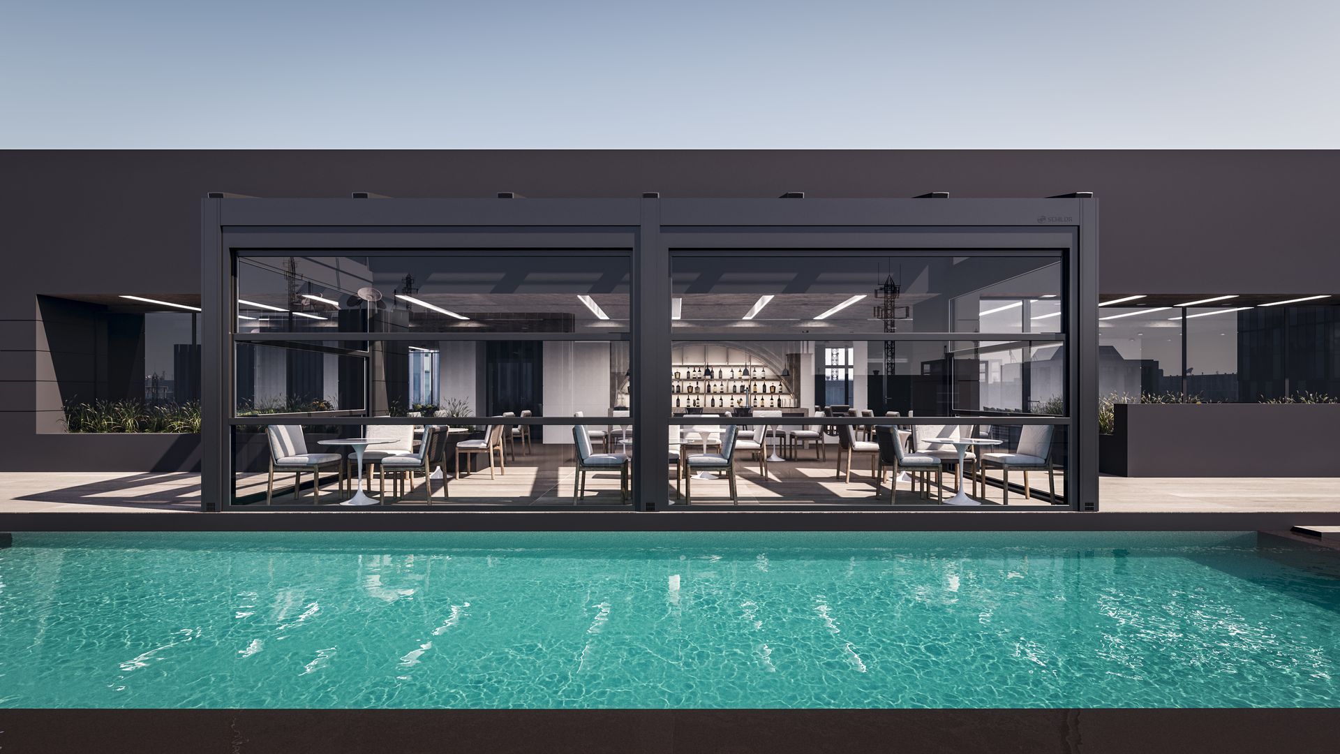 A large building with a swimming pool in front of it front - Freehold, NJ - Awning Design Inc