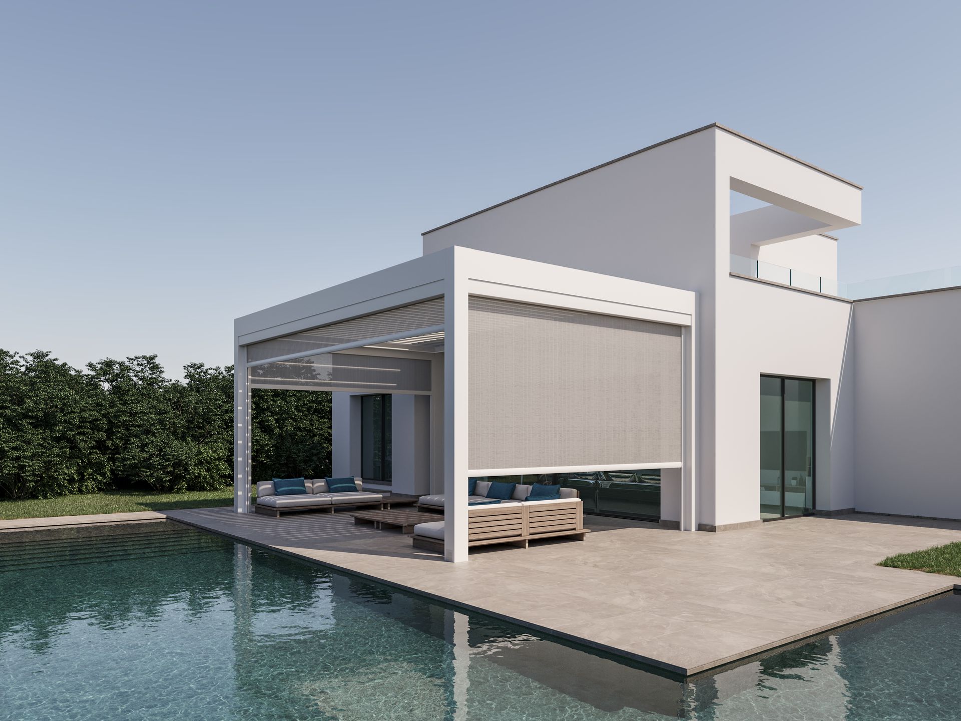 A white house with a swimming pool in front of it - Freehold, NJ - Awning Design Inc