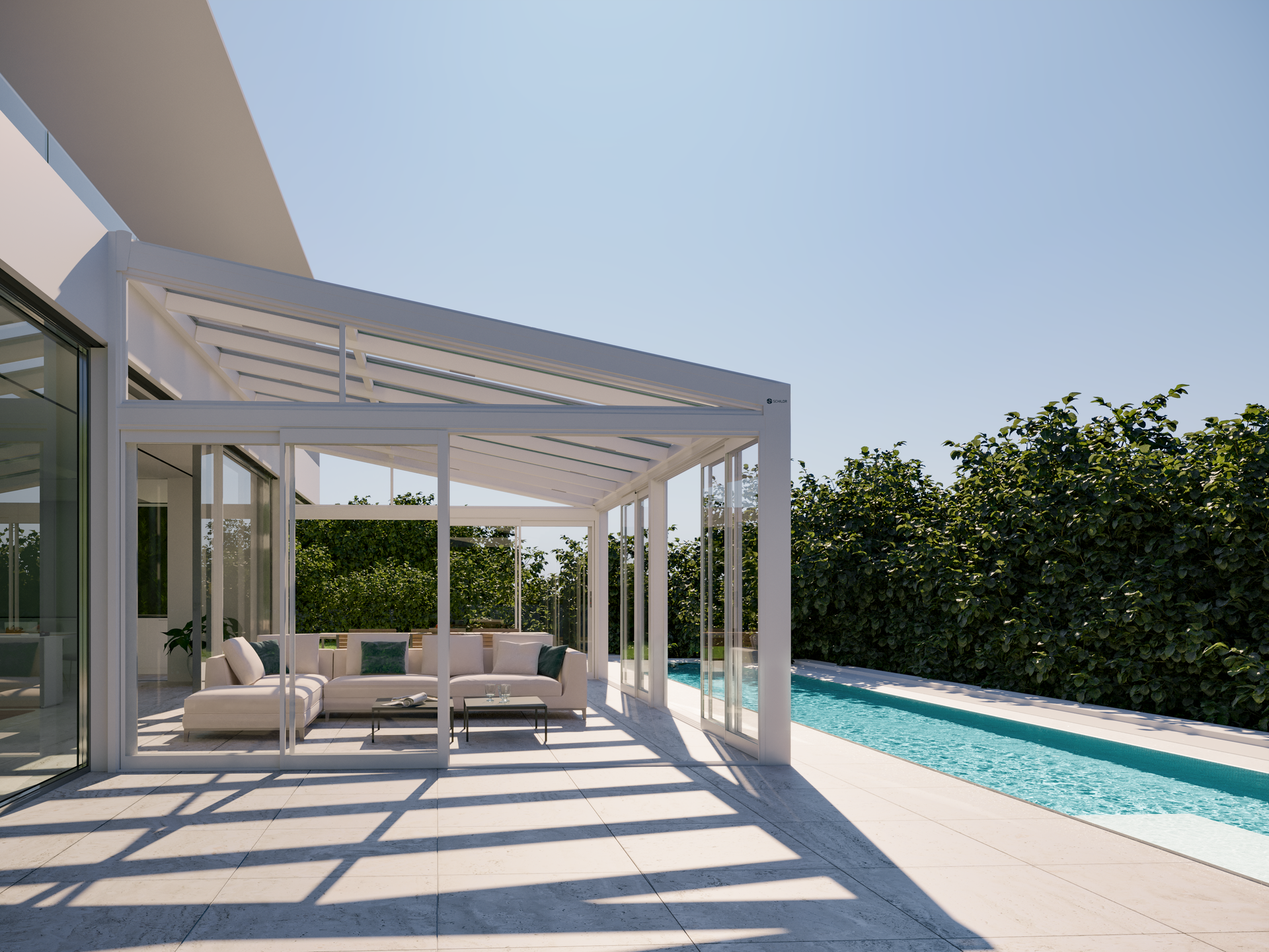 A patio with a pergola and a swimming pool in the background - Freehold, NJ - Awning Design Inc