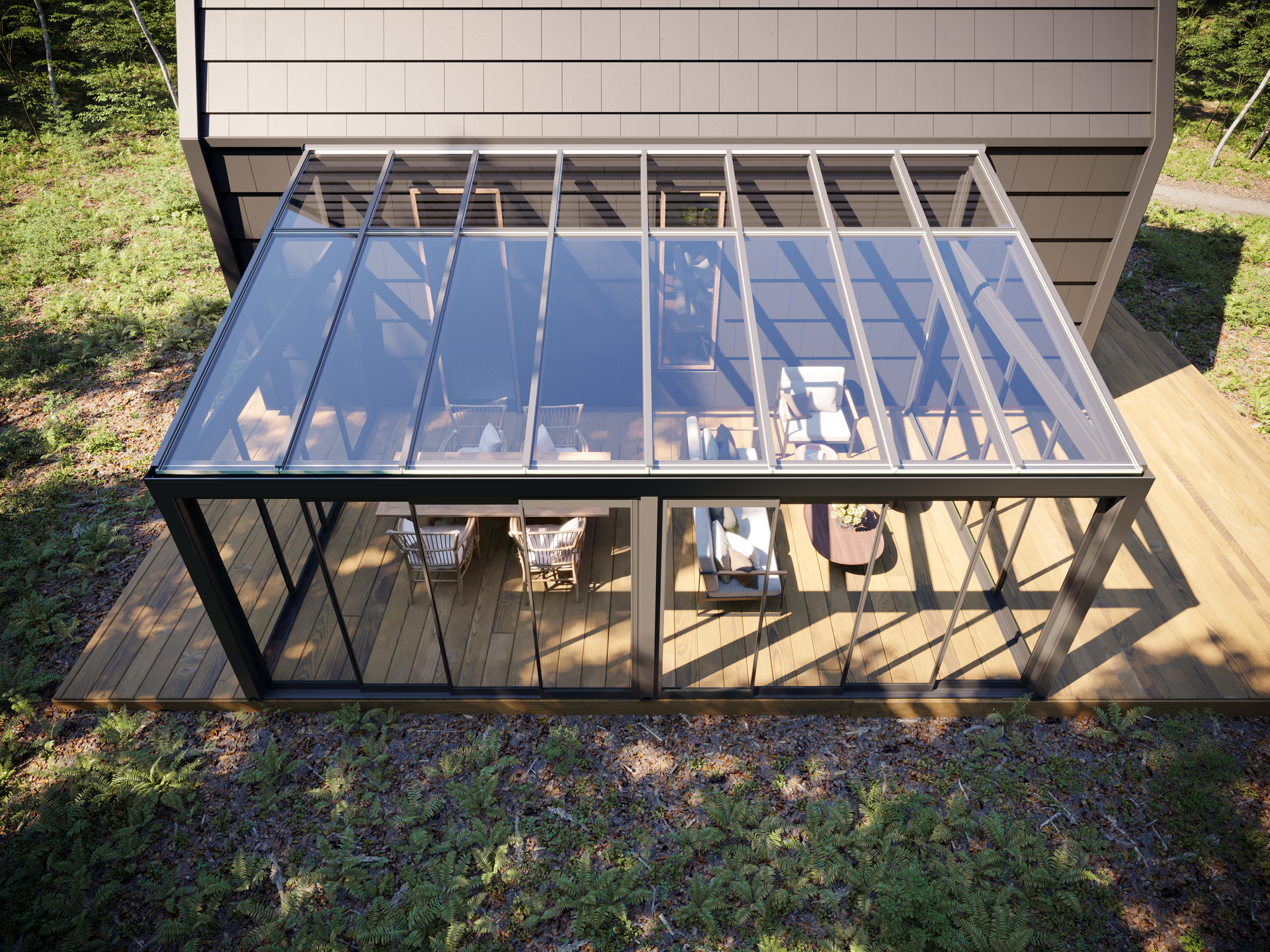 An aerial view of a greenhouse with a glass roof - Freehold, NJ - Awning Design Inc