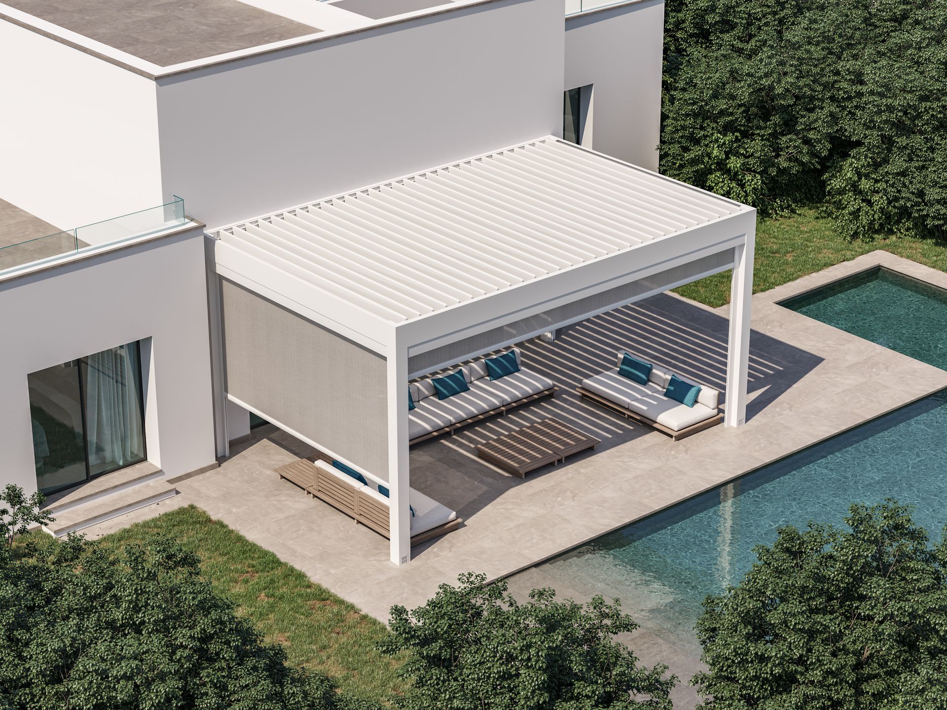 An aerial view of a house with a pergola and a swimming pool - Freehold, NJ - Awning Design Inc