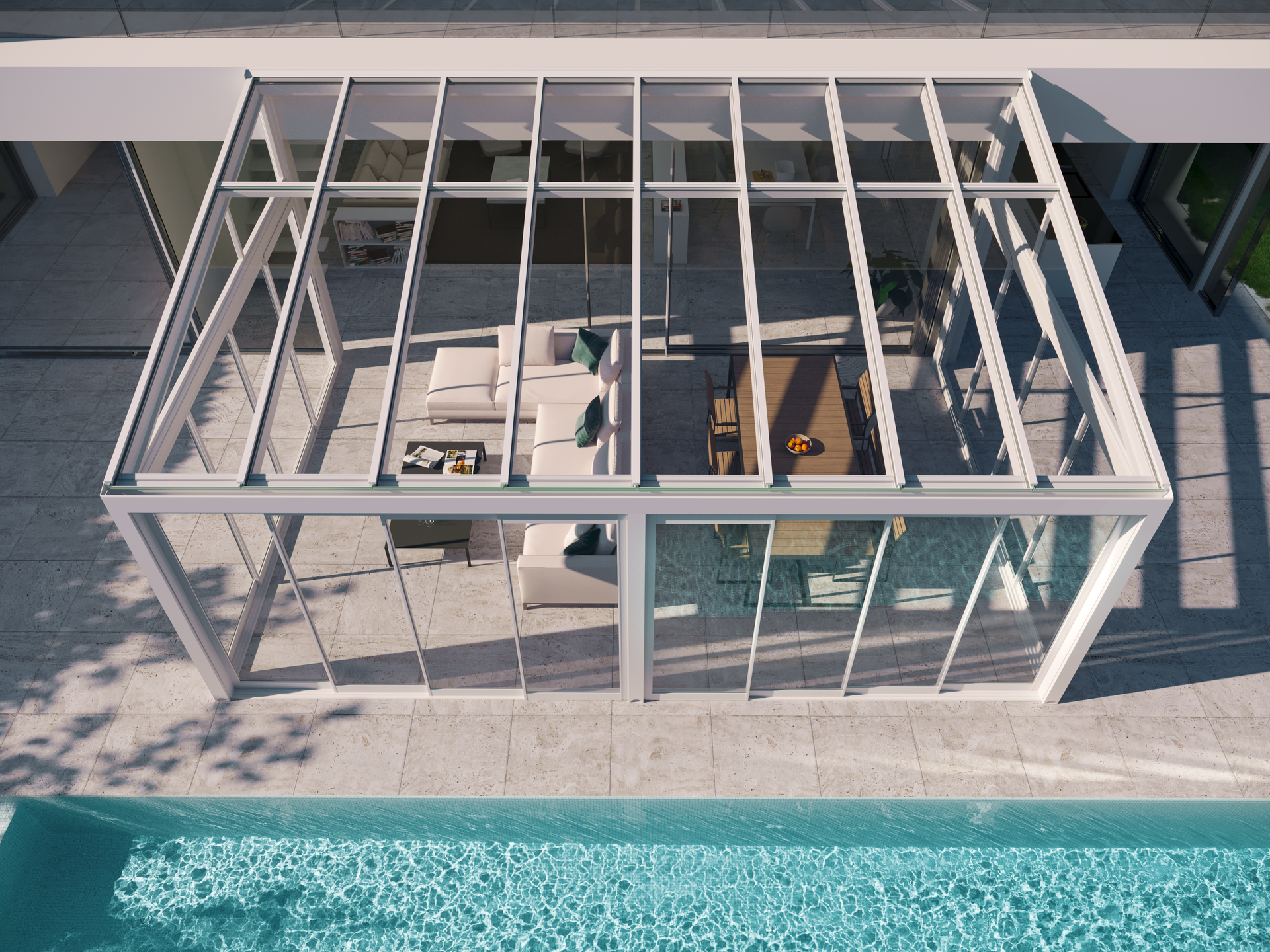 An aerial view of a house with a swimming pool in the background - Freehold, NJ - Awning Design Inc