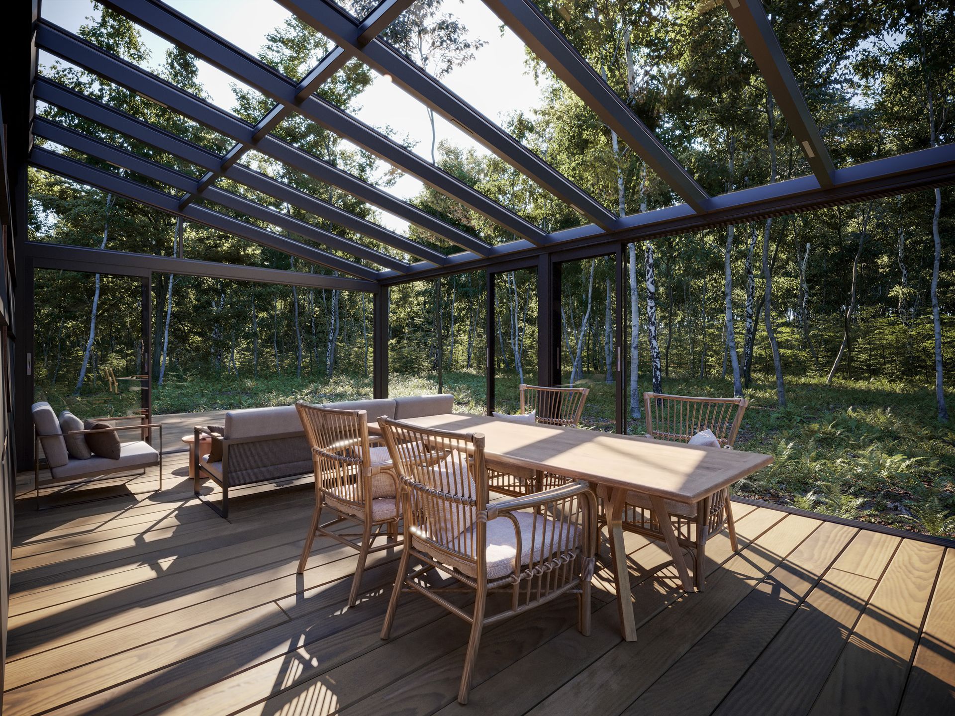 A wooden deck with a table and chairs under a glass roof - Freehold, NJ - Awning Design Inc