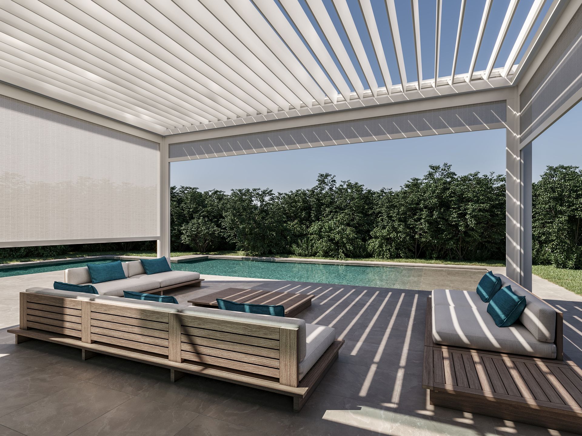 A patio with a pergola and a swimming pool - Freehold, NJ - Awning Design Inc