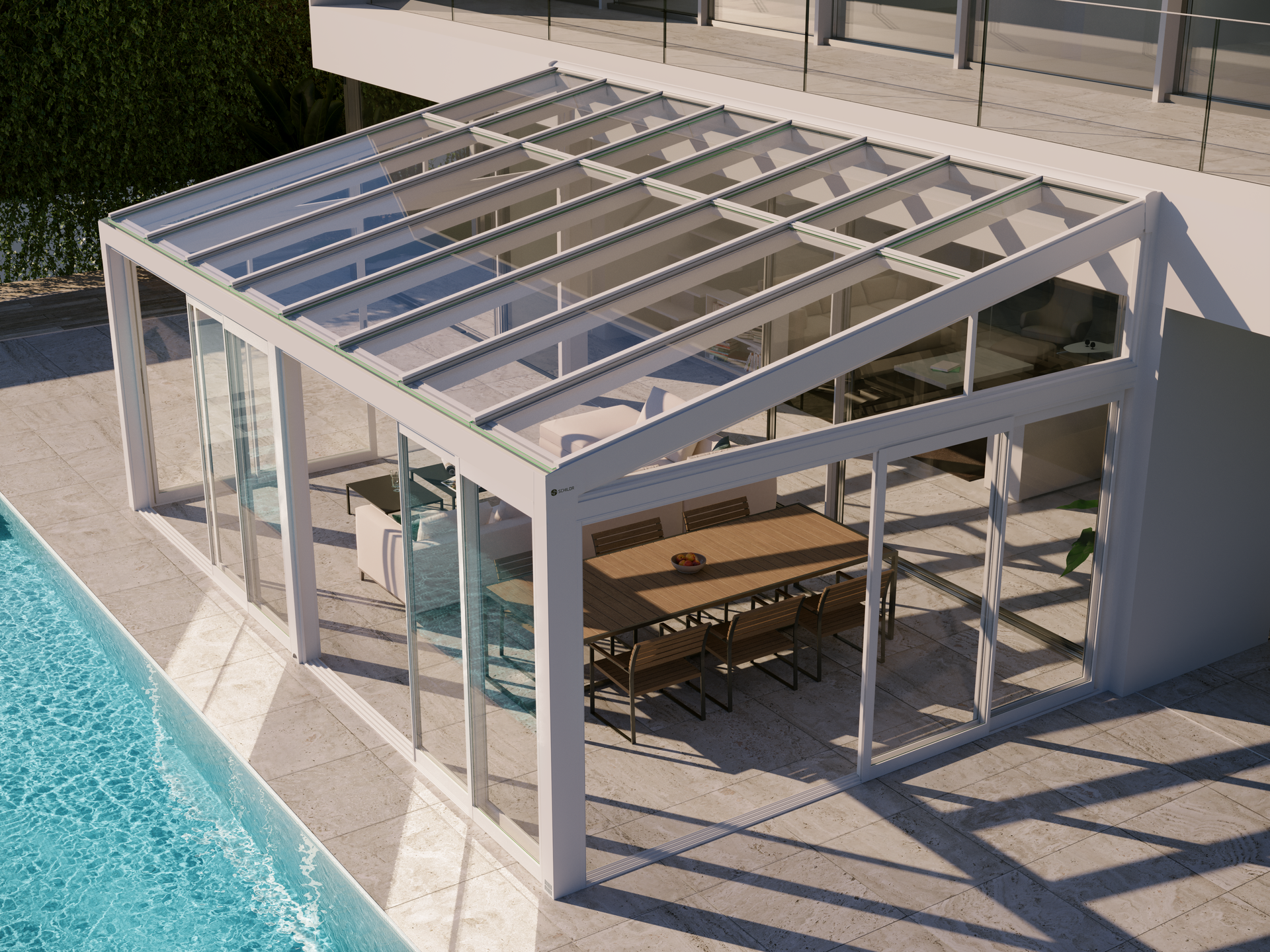 A patio with a table and chairs under a glass roof next to a pool - Freehold, NJ - Awning Design Inc