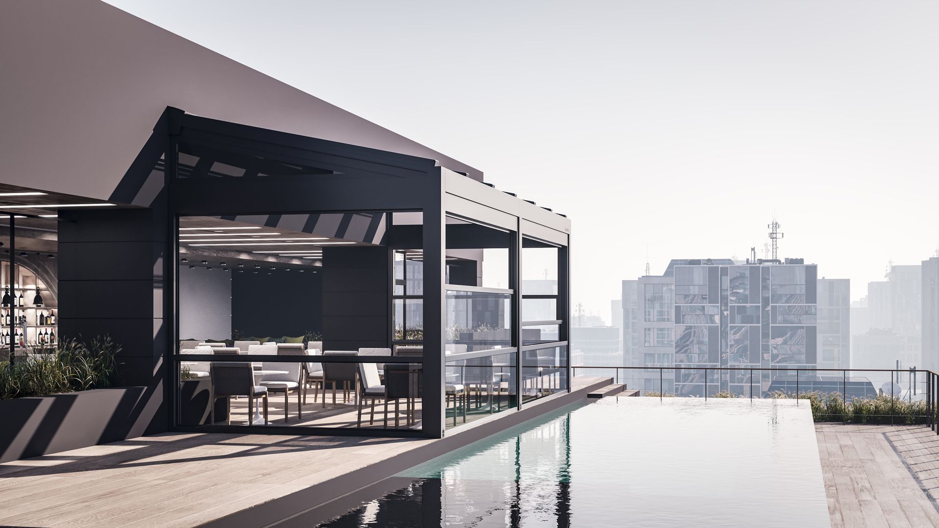 A modern brown house with a swimming pool and a pergola on the roof - Freehold, NJ - Awning Design Inc