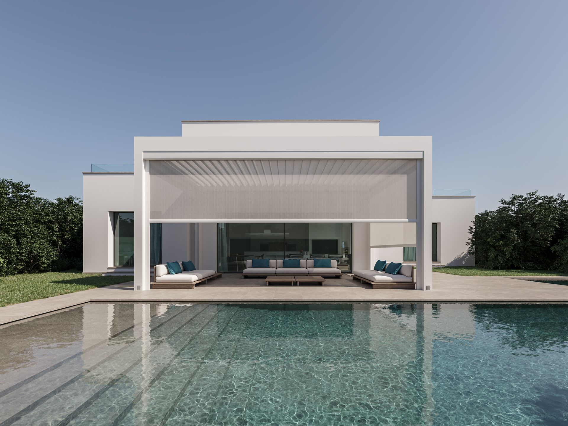 A white house with a swimming pool in front of it two - Freehold, NJ - Awning Design Inc