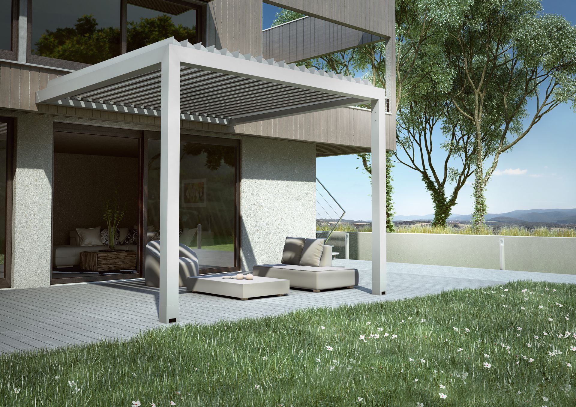 A white pergola is sitting on a patio next to a house - Freehold, NJ - Awning Design Inc