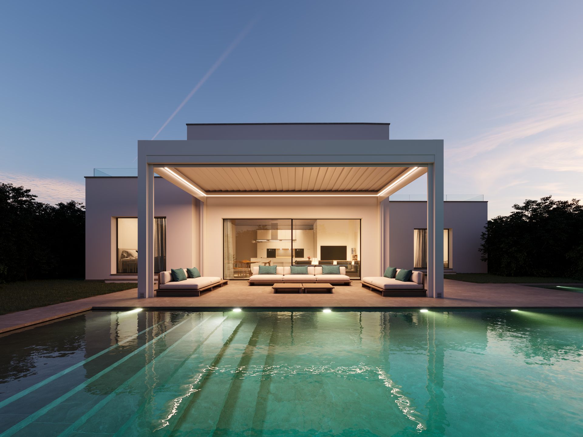 A white house with a swimming pool in front of it four - Freehold, NJ - Awning Design Inc