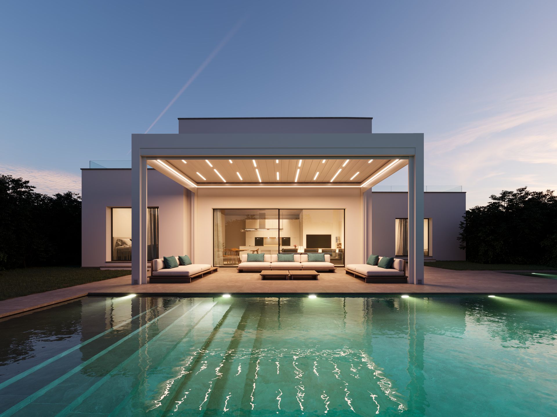 A white house with a swimming pool in front of it - Freehold, NJ - Awning Design Inc