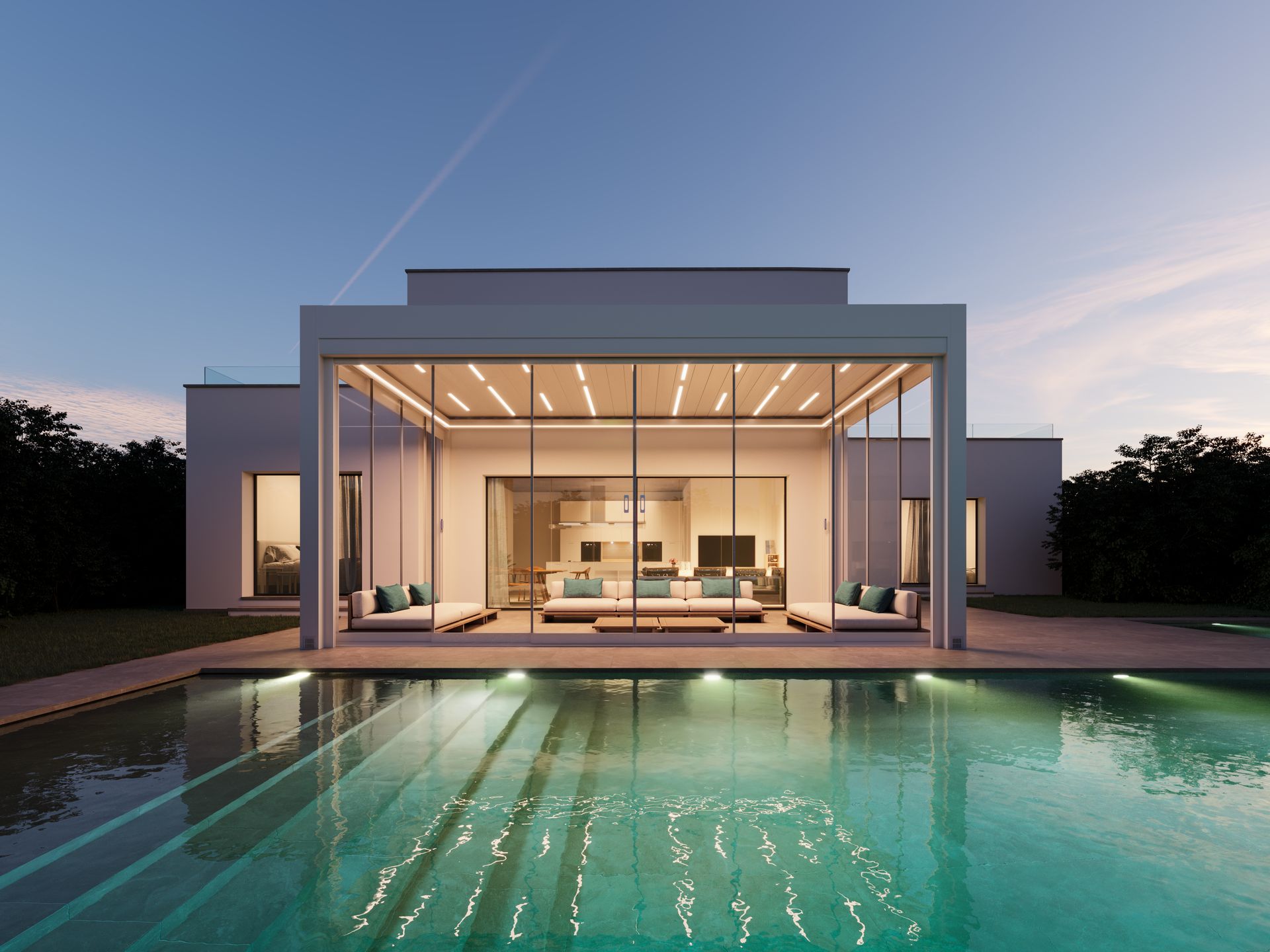 A modern house with a large swimming pool in front of it - Freehold, NJ - Awning Design Inc