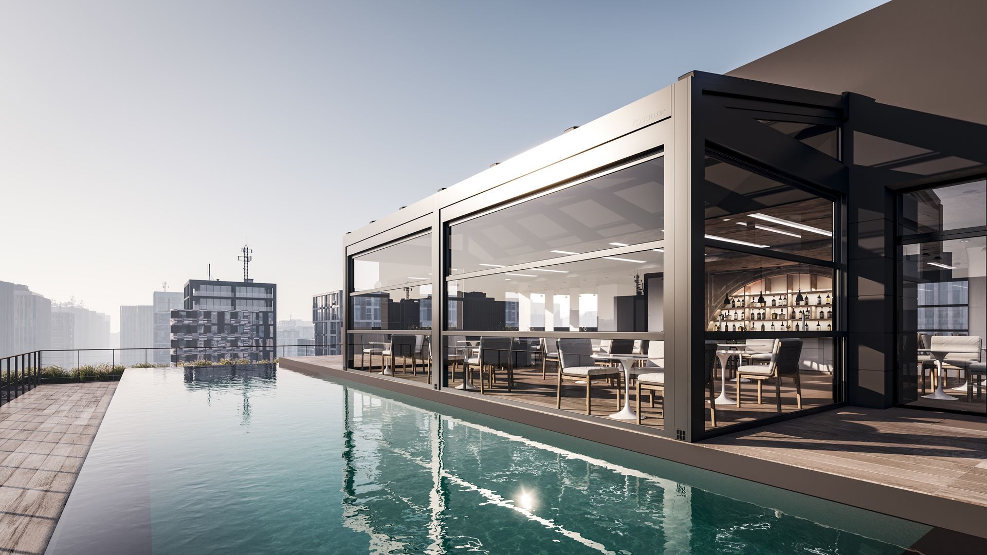 A large building with a swimming pool in front of it two - Freehold, NJ - Awning Design Inc