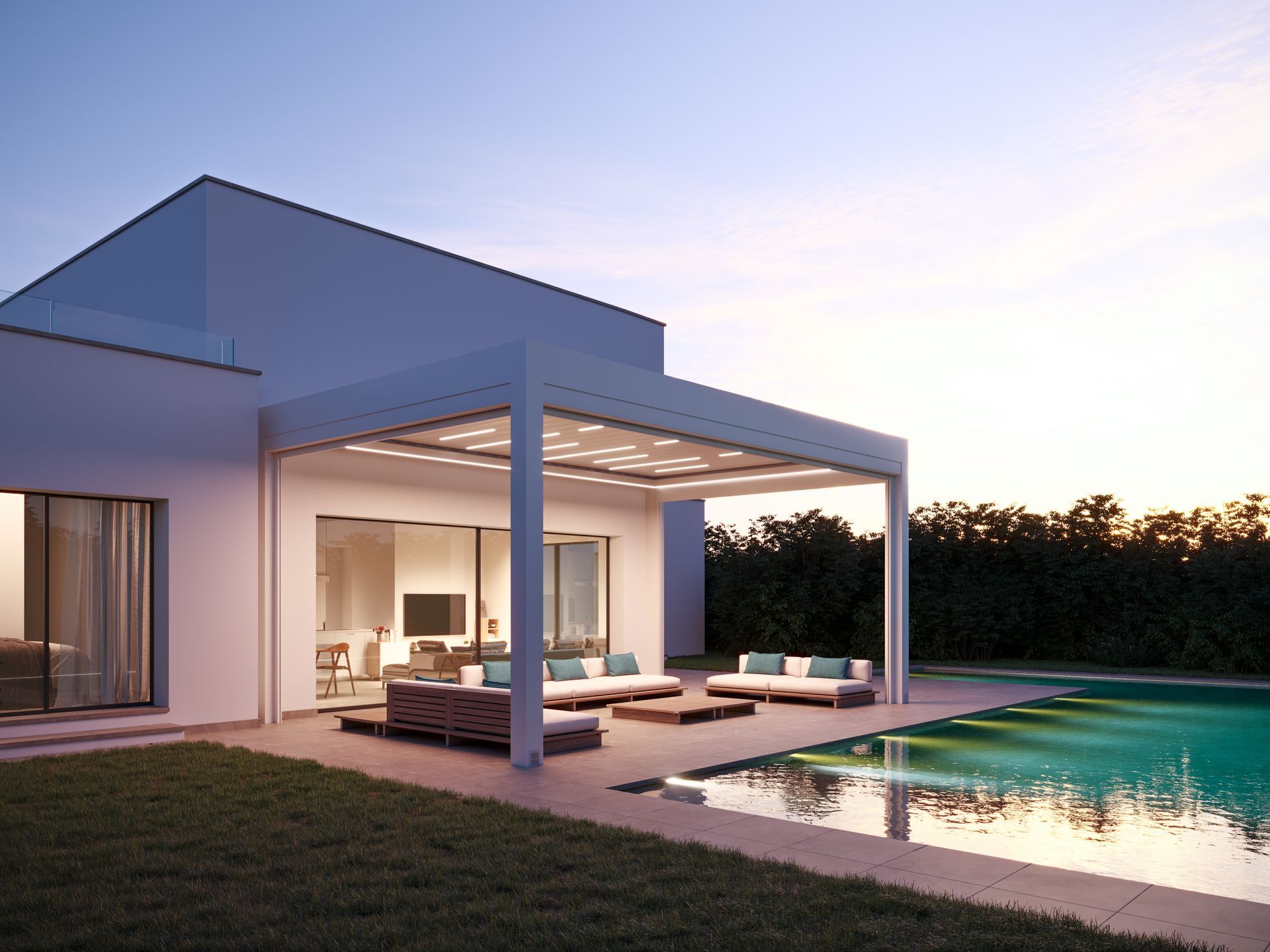 A white house with a swimming pool in front of it five - Freehold, NJ - Awning Design Inc