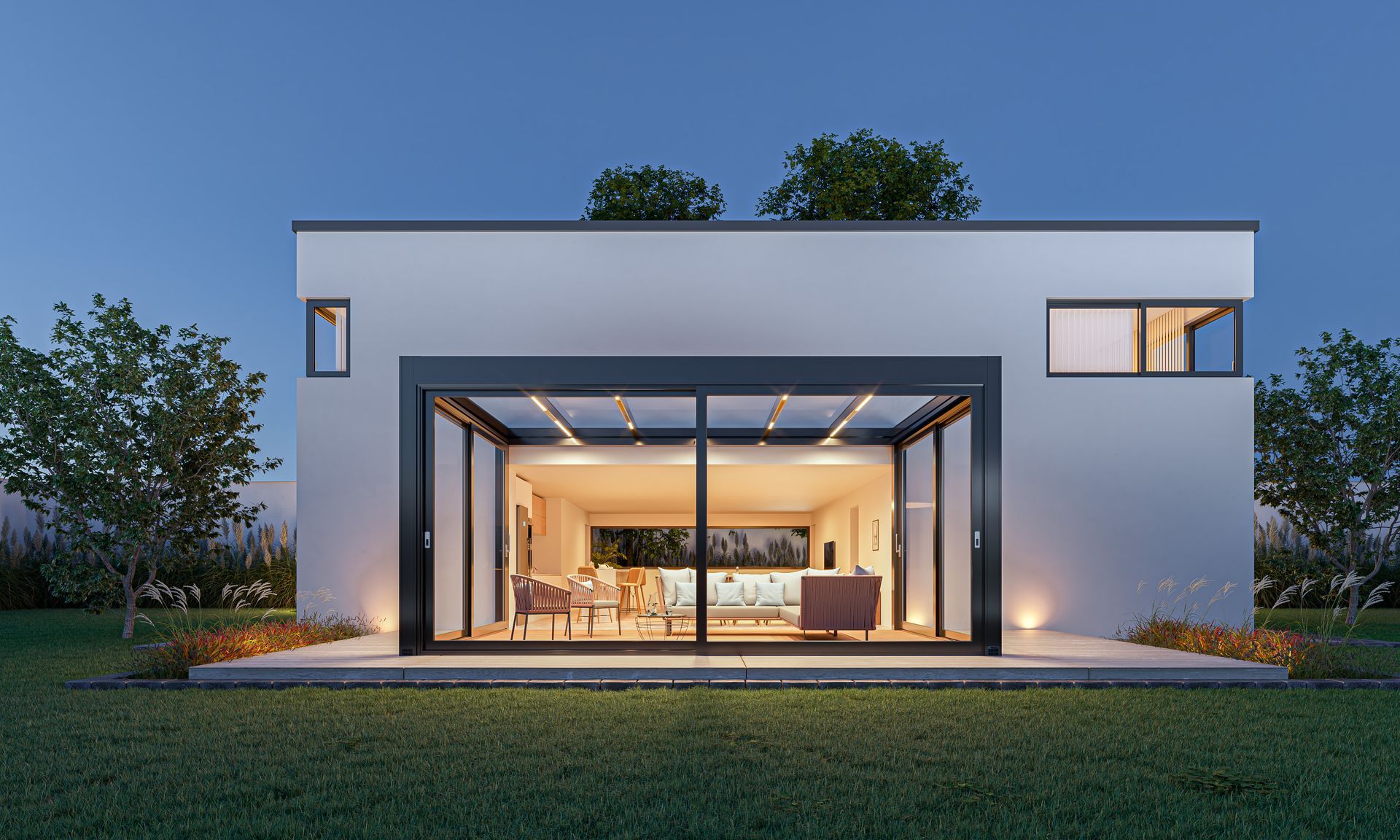 A 3d rendering of a modern house - Freehold, NJ - Awning Design Inc