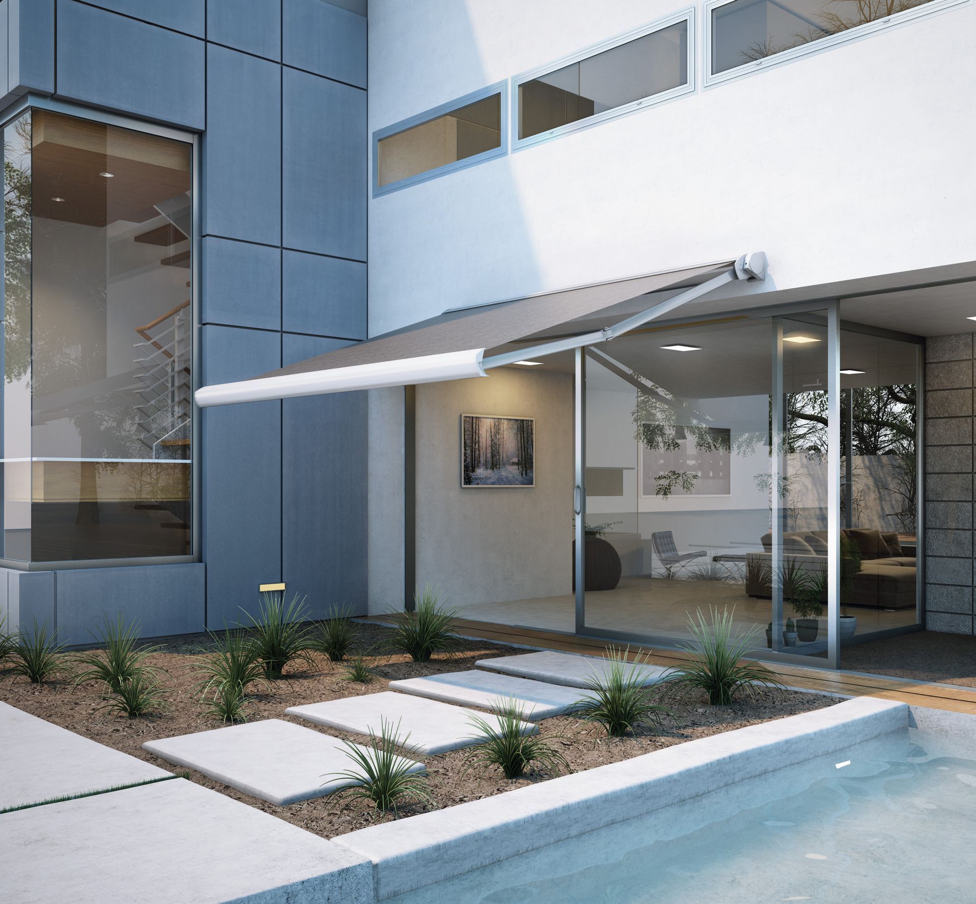 A house with a swimming pool in front of it - Freehold, NJ - Awning Design Inc