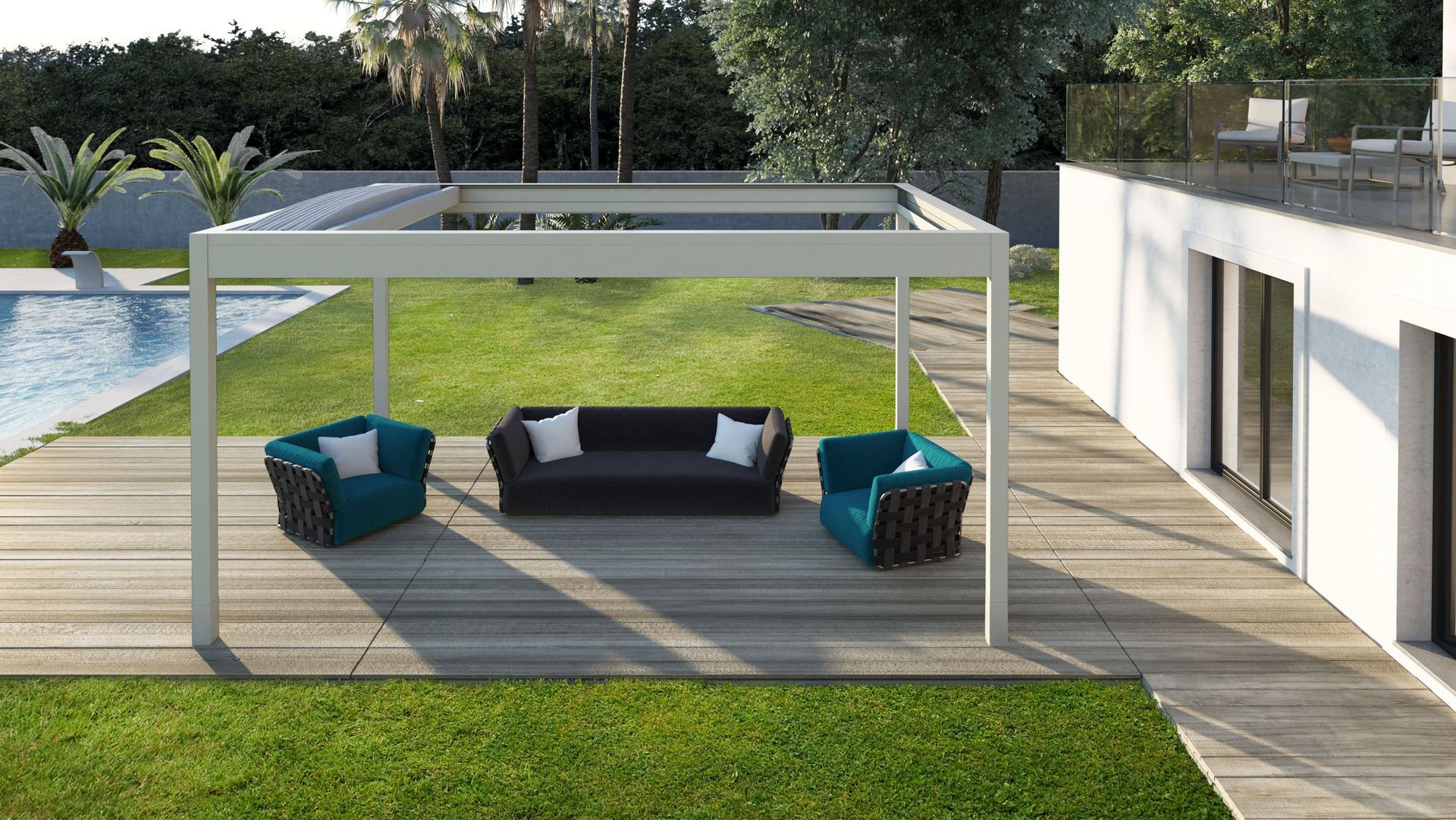 There is a couch and chairs under a pergola in the backyard - Freehold, NJ - Awning Design Inc