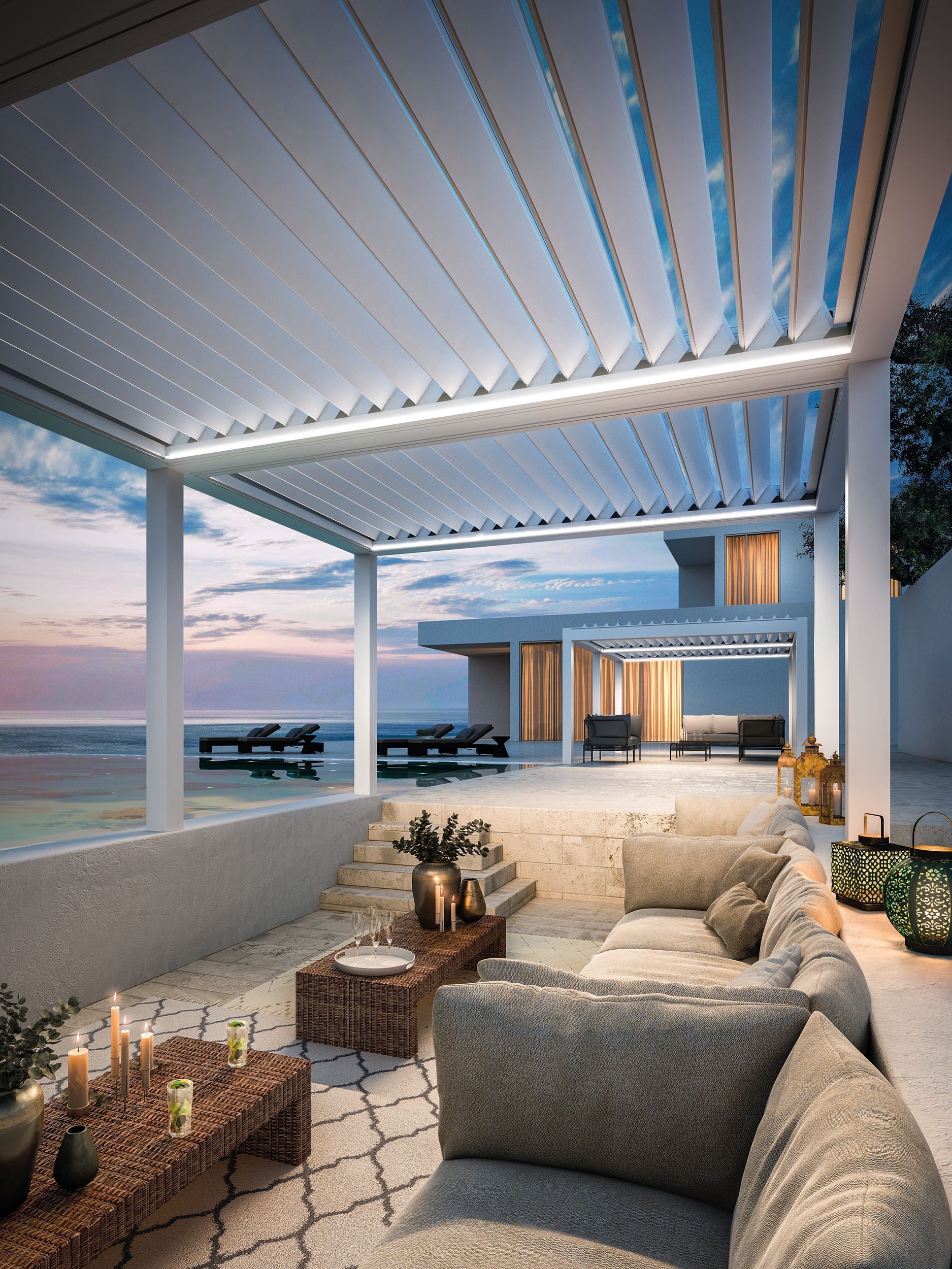 An artist's impression of a living room with a pergola and a view of the ocean - Freehold, NJ - Awning Design Inc