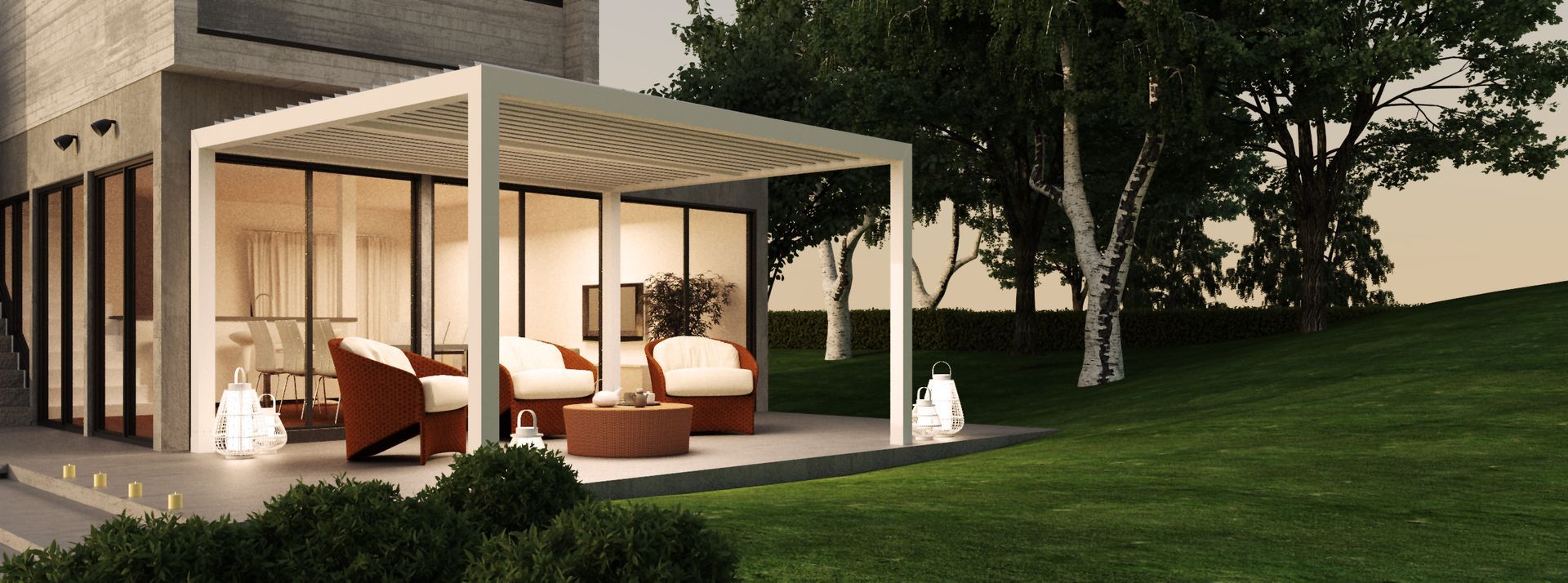 A patio with a pergola and chairs in front of a house - Freehold, NJ - Awning Design Inc