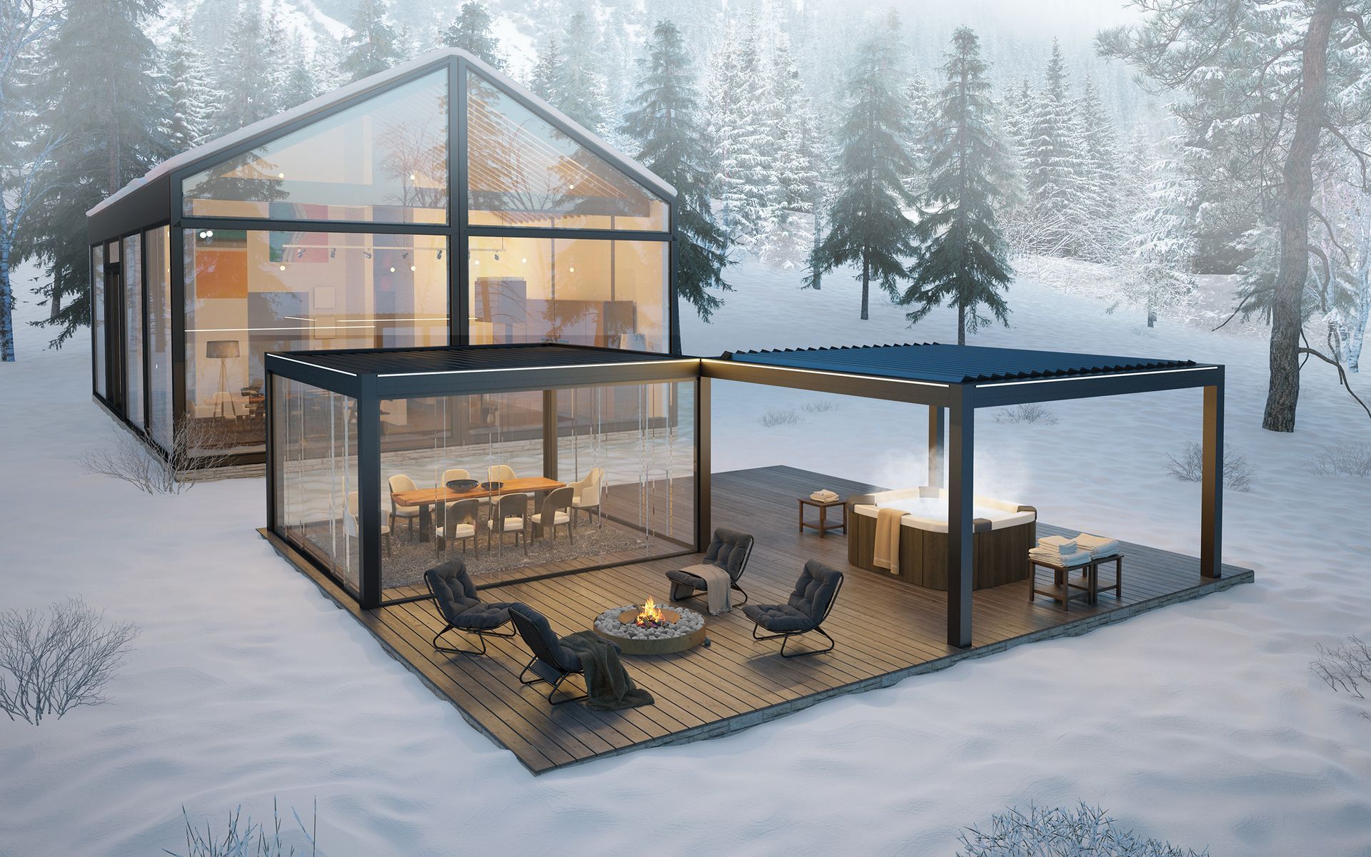 A modern house with a pergola and a fire pit in the snow - Freehold, NJ - Awning Design Inc