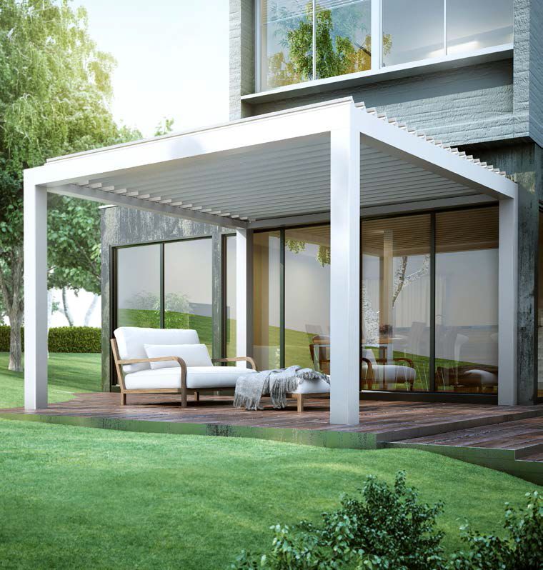 A patio with a couch and chairs under a pergola - Freehold, NJ - Awning Design Inc