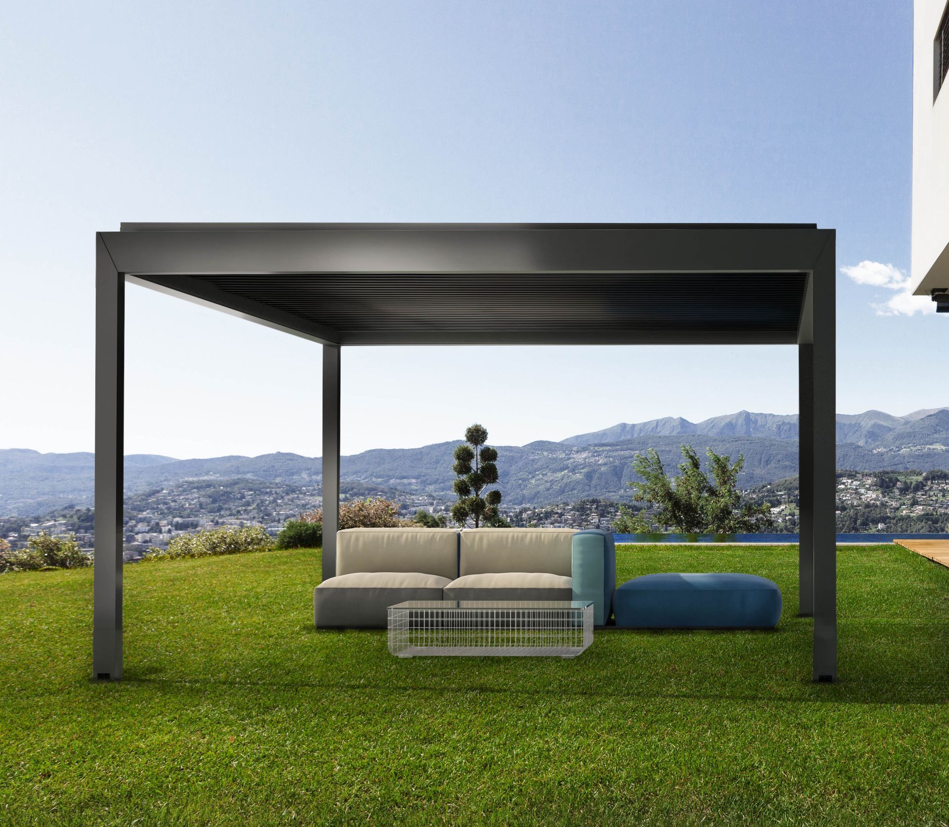 A pergola with a couch and a table underneath it - Freehold, NJ - Awning Design Inc