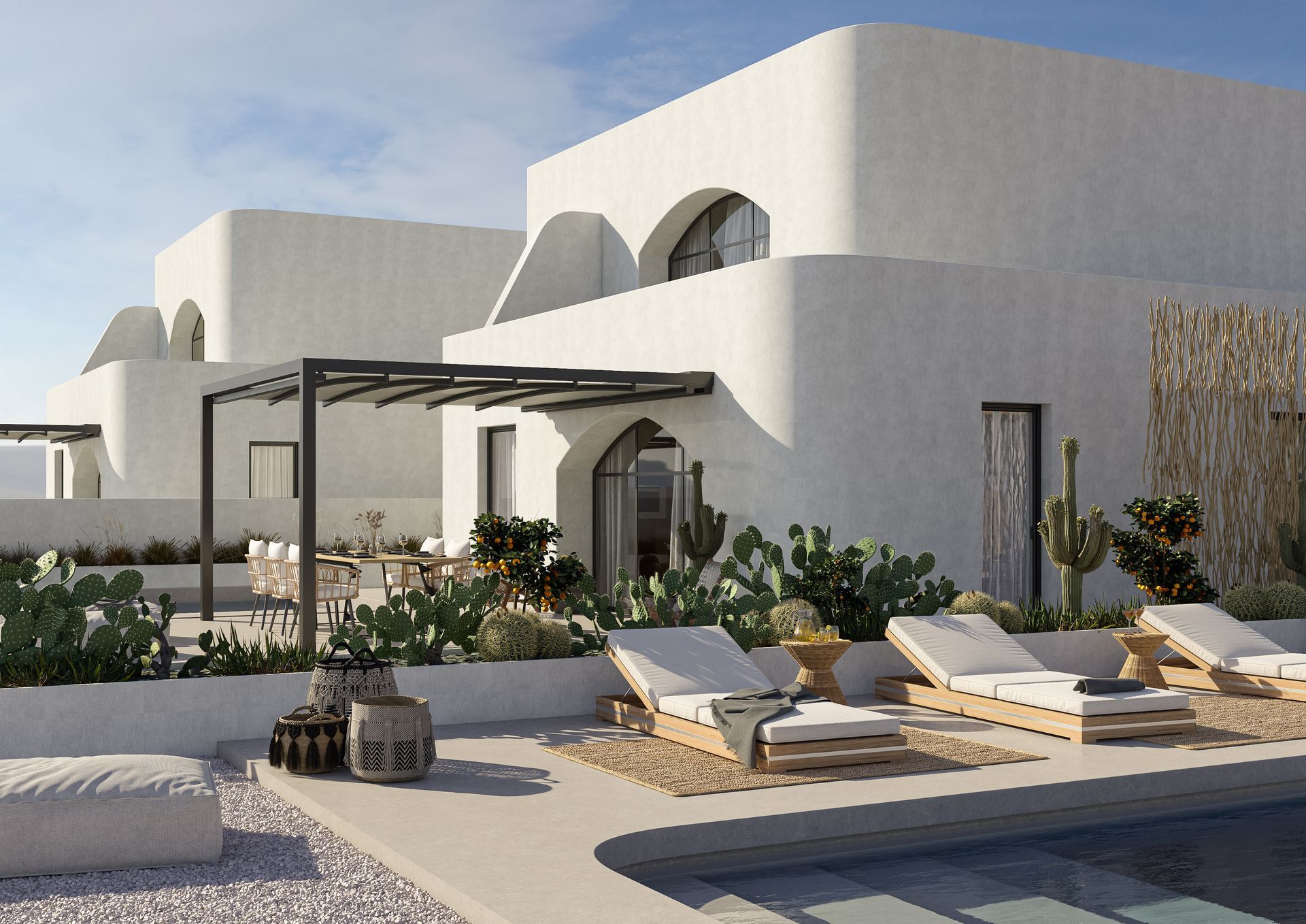 A white house with a swimming pool in front of it - Freehold, NJ - Awning Design Inc