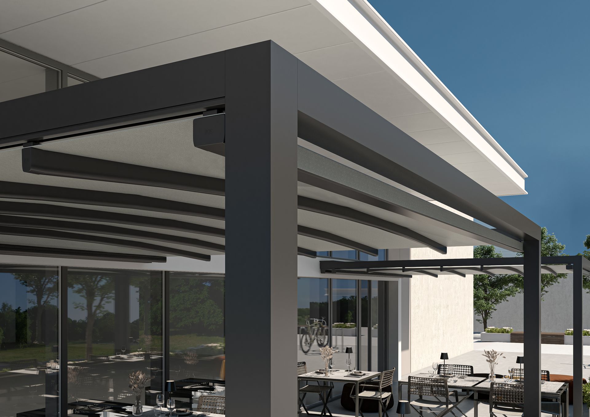 A restaurant with tables and chairs under a pergola - Freehold, NJ - Awning Design Inc