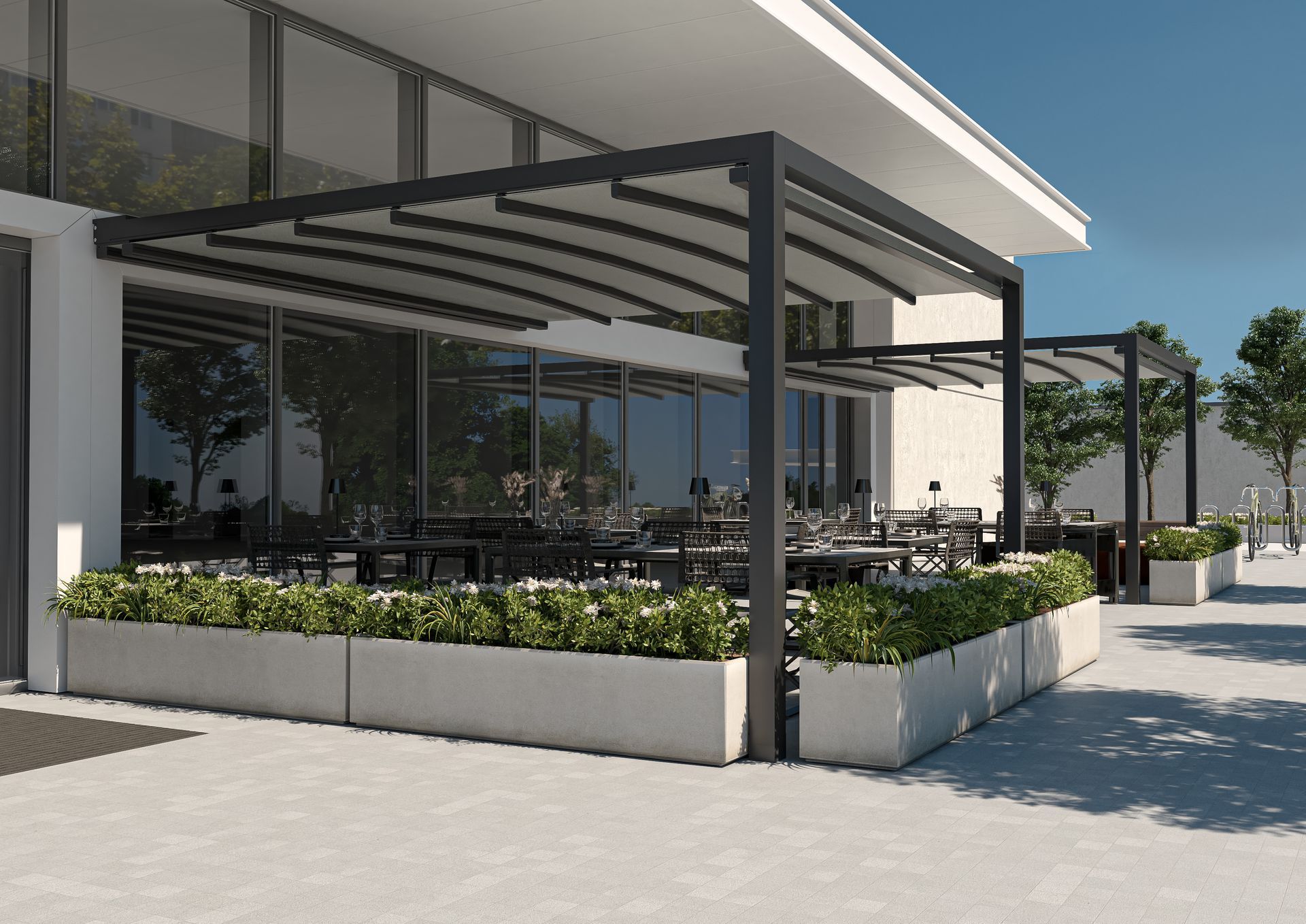 A restaurant with a pergola and planters in front of it - Freehold, NJ - Awning Design Inc