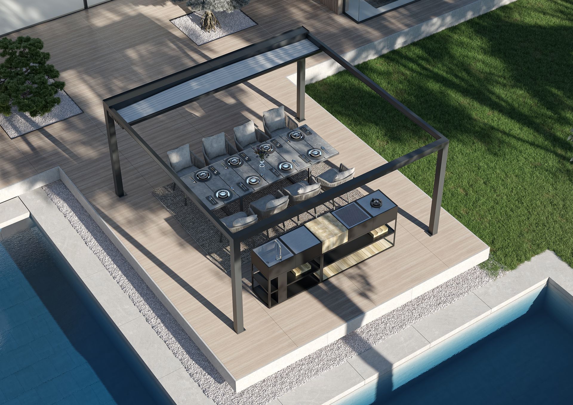 An aerial view of a patio with a table and chairs under a pergola - Freehold, NJ - Awning Design Inc