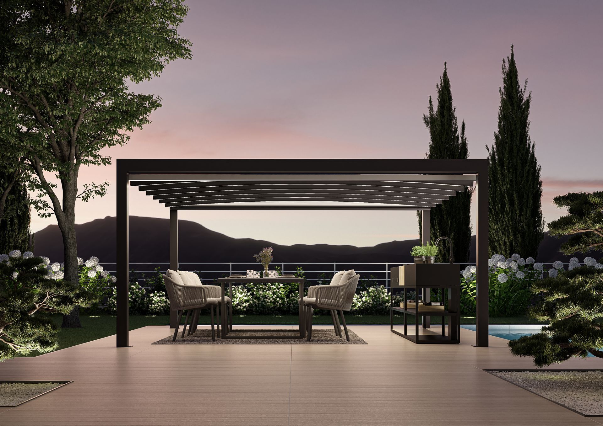 A patio with a pergola and a table and chairs - Freehold, NJ - Awning Design Inc