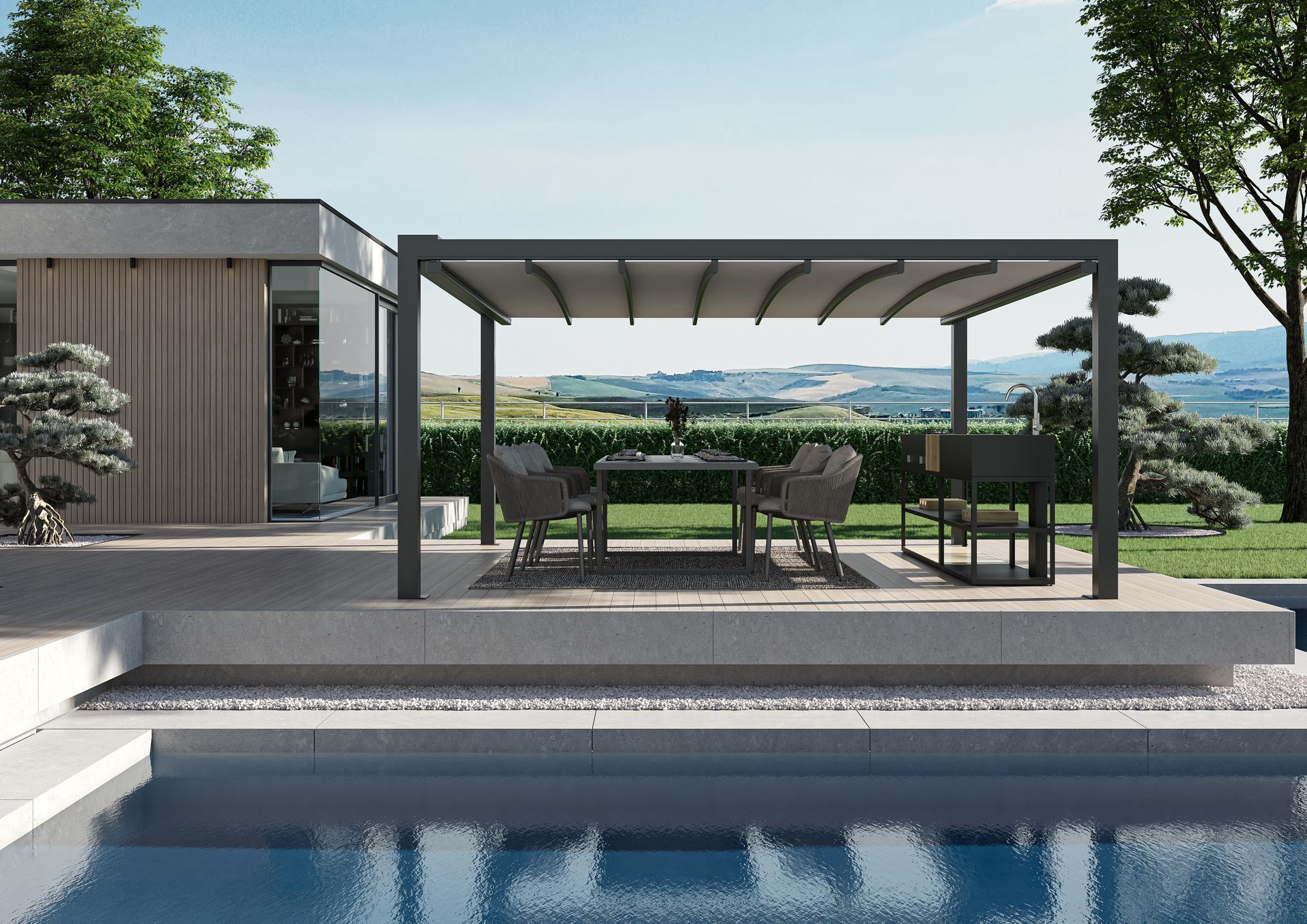 A pergola with a table and chairs is next to a swimming pool - Freehold, NJ - Awning Design Inc