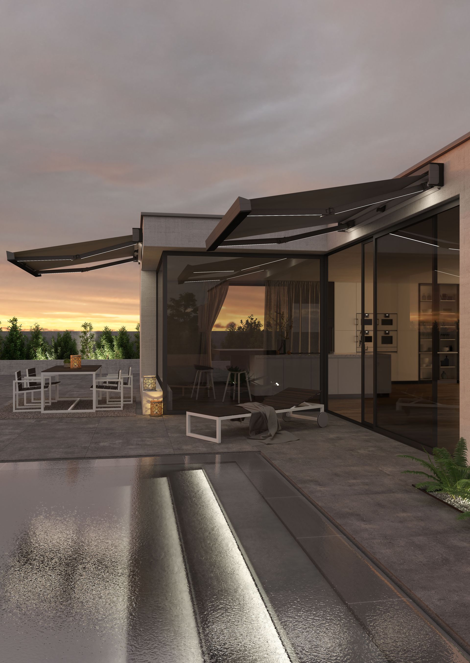 A house with a swimming pool and a patio with a canopy over it - Freehold, NJ - Awning Design Inc