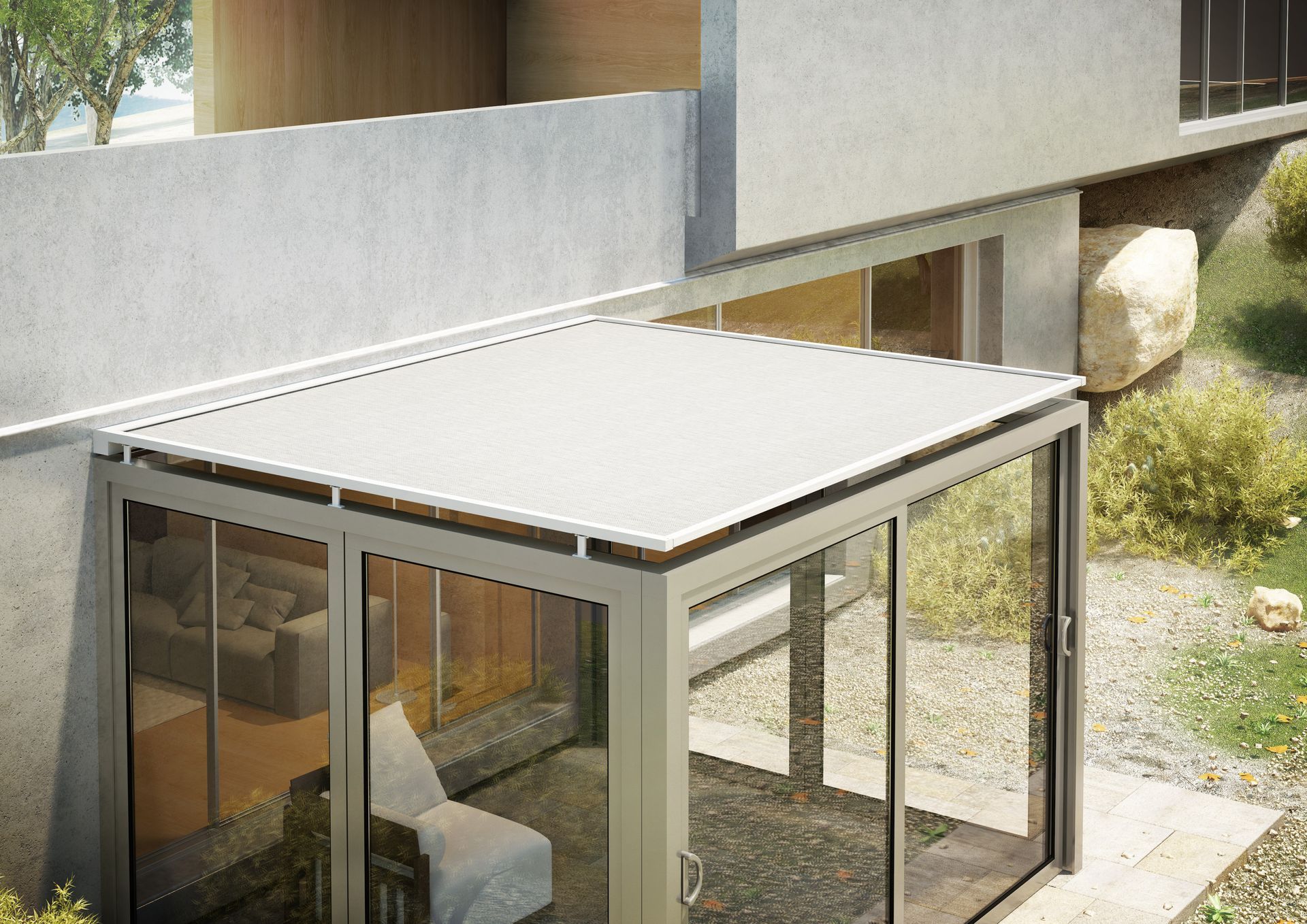 A house with a patio with a canopy over it - Freehold, NJ - Awning Design Inc