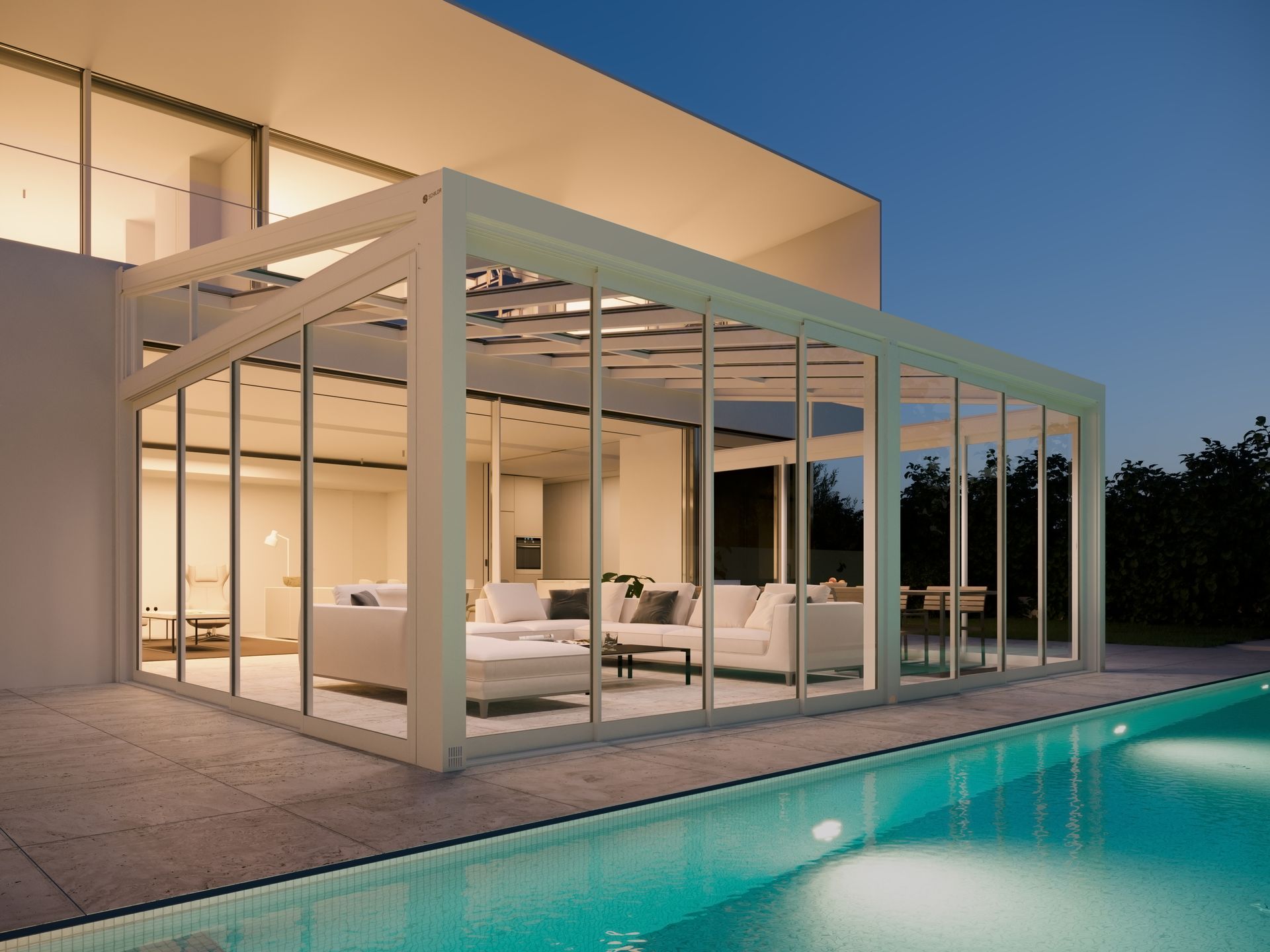 A modern house with a swimming pool in front of it forte - Freehold, NJ - Awning Design Inc