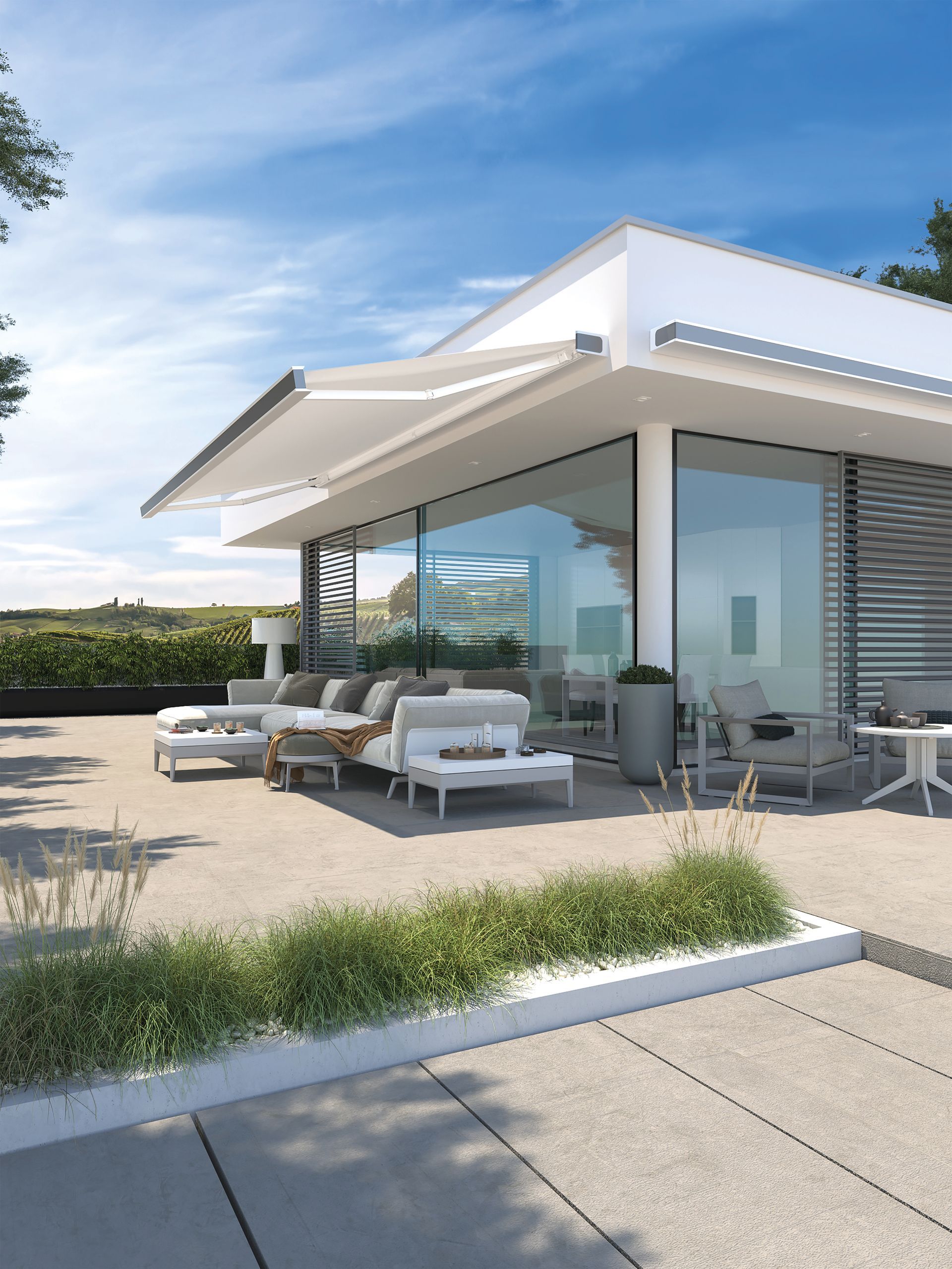 An artist's impression of a modern house with a patio - Freehold, NJ - Awning Design Inc