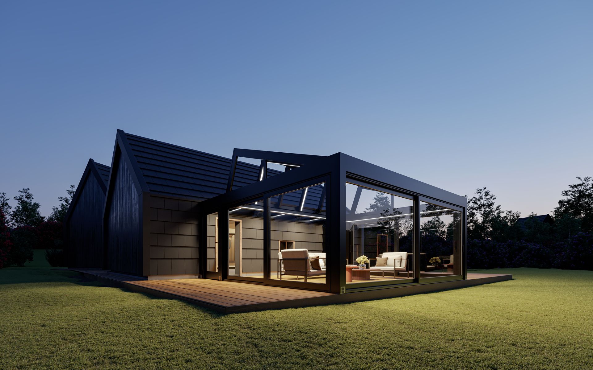 A black house with a large glass patio in front of it - Freehold, NJ - Awning Design Inc