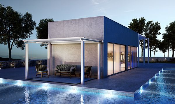 A house with a pergola and a swimming pool in front of it - Freehold, NJ - Awning Design Inc