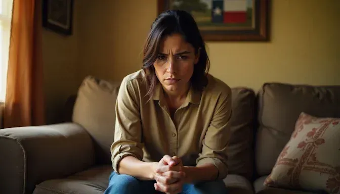 An anxious Hispanic woman sitting in a cozy Laredo, TX home, visibly stressed and worried