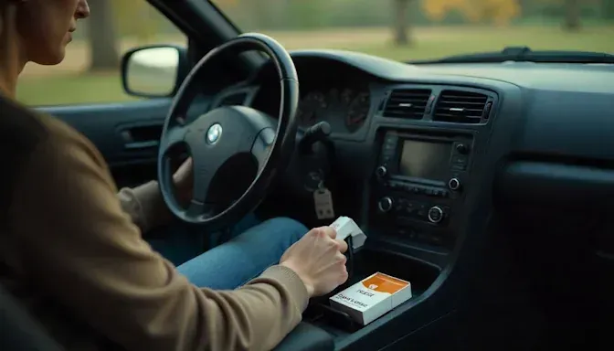 person sitting in car with unopened box of cigarettes on console 