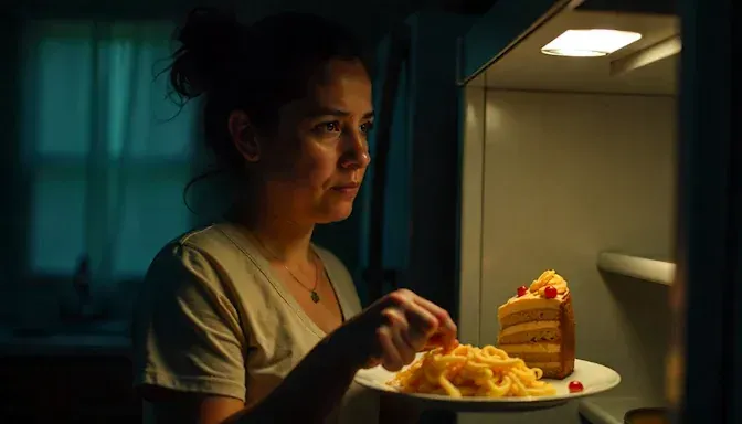 woman binging on food in her kitchen late at night