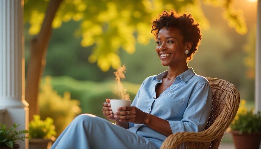 a woman with ADHD in Laredo peacefully enjoying a coffee on her front porch after her hypnotherapy session
