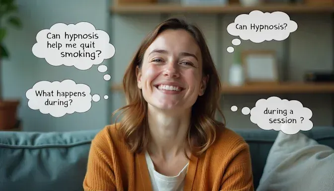 a woman with thought bubbles above her head with common questions about hypnosis