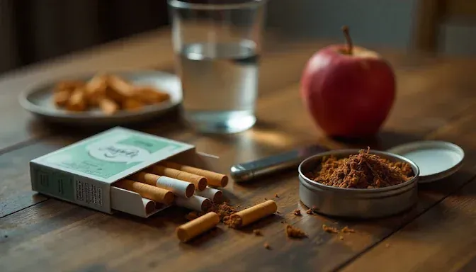 cigarettes, vape, and chewing tobacco photo sitting on a table at Tranquil Healing Hypnosis in Laredo, TX