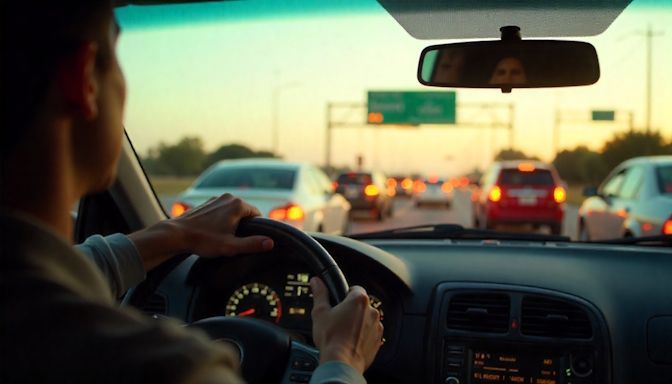 man inside a car stuck on I-35 in bumper to bumper traffic with anxiety and stress overload (stopped traffic) near Laredo