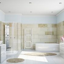 Clean modern bathroom with terracotta tiles and a bathtub