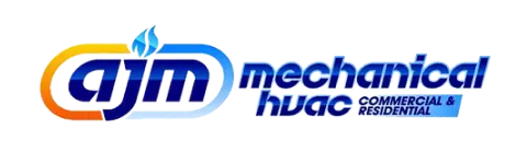 Logo for AJM Mechanical HVAC. Blue, orange, and white text; flame icon over the letters 