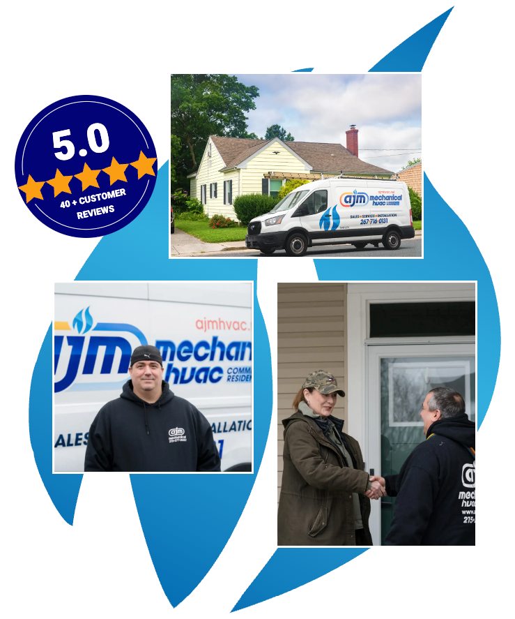 JJM Mechanical HVAC service: A white van at a home, a technician, and a handshake, highlighted by a 5-star review icon.